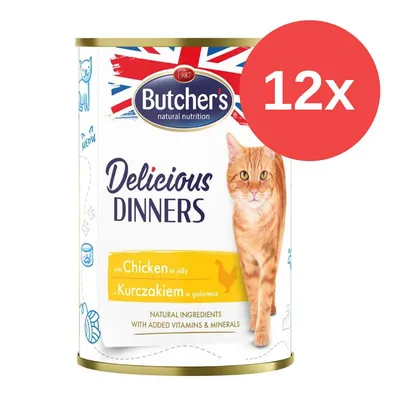 Butcher's Delicious Dinners mit Huhn in Gelee, natürliche Zutaten mit zusätzlichen Vitaminen und Mineralien. Packung enthält 12 Dosen. Butcher's Delicious Dinners mit Huhn in Gelee, natürliche Zutaten mit zusätzlichen Vitaminen und Mineralien. Packung enthält 12 Dosen.