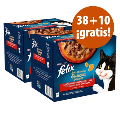 Purina Felix Sensations Sauces, selección de la campiña. Oferta visible: 38 + 10 gratis. Imagen de dos cajas con ilustración de un gato y comida húmeda para gatos.