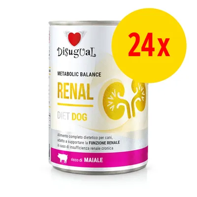 Lot de 24 boîtes Disugual Metabolic Balance Renal Diet Dog, aliment diététique pour chiens, riche en maiale, mention fonction rénale visible sur l’étiquette.