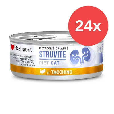Disugual Struvite Diet Cat, dietetyczna karma dla kotów z indykiem wspomagająca przy struwitach. Opakowanie zawiera 24 puszki.