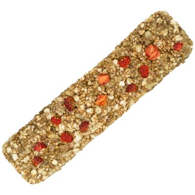 Снэк-батончик из вспученного зерна с кусочками красных фруктов, подходит в качестве лакомства для домашних животных.