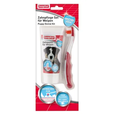 Beaphar tandverzorgingsset voor puppy's met tandpasta zonder fluoride, leversmaak en hondentandenborstel. Frisse adem, ontwikkeld voor puppy's, dagelijkse verzorging.