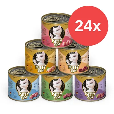 Kitty Cat karma dla kotów, 24 puszki w różnych smakach: kurczak, królik, dziczyzna, cielęcina, kaczka. Bez zbóż, wyprodukowana w Niemczech.