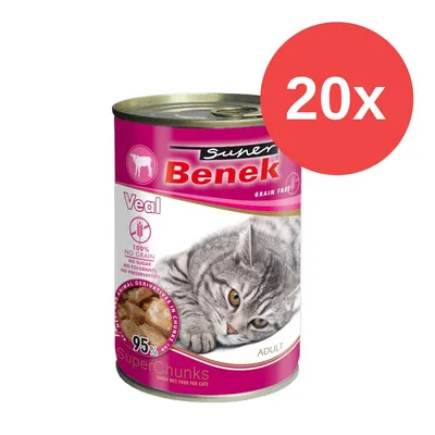 Super Benek Ternera, sin cereales, 95% trozos de carne, sin azúcar, colorantes ni conservantes. Comida húmeda para gatos. Paquete de 20 latas.