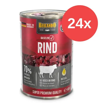 Belcando Dog Food Baseline Rind, Made in Germany, 70% Fleisch & Innereien, reich an Rind, Distelöl, Super Premium Qualität, 400g, Packung mit 24 Dosen.