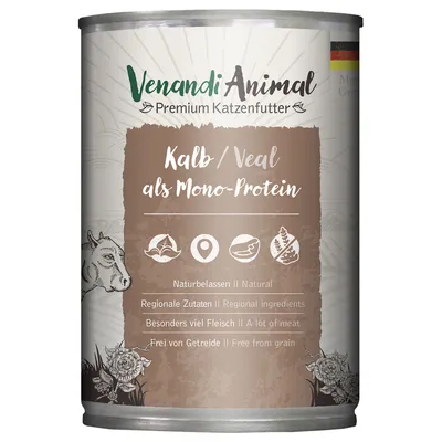 Venandi Animal Premium kattenvoer, kalf als mono-eiwit. Natuurlijk, regionale ingrediënten, extra veel vlees, graanvrij.