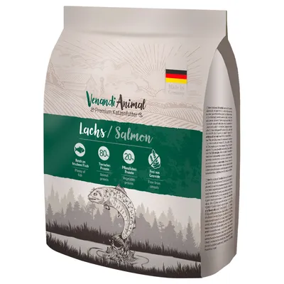 Venandi Animal Premium karma dla kotów, łosoś. Bogata w świeżą rybę, 80% białka zwierzęcego, 20% białka roślinnego, bez zbóż. Wyprodukowano w Niemczech z flagą Niemiec.