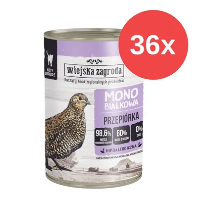 Wiejska Zagroda Mono Białkowa Przepiórka, hypoallergenes Nassfutter für erwachsene Katzen. 98,6% Fleischanteil, 60% Muskelfleisch, 0% Getreide. Packung mit 36 Dosen.