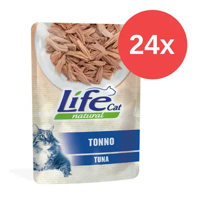 Life Cat Natural Tonno, tuńczyk w saszetkach. Opakowanie pokazuje zdjęcie produktu i informację o 24‑pakiecie. Life Cat Natural Tonno, tuńczyk w saszetkach. Opakowanie pokazuje zdjęcie produktu i informację o 24‑pakiecie.