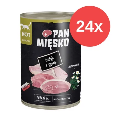Pan Mięsko karma dla dorosłych kotów, smak indyk z gęsią i rumiankiem, hipoalergiczna, 96,6% mięsa. Opakowanie 24 puszek. Pan Mięsko karma dla dorosłych kotów, smak indyk z gęsią i rumiankiem, hipoalergiczna, 96,6% mięsa. Opakowanie 24 puszek.