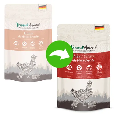 Venandi Animal Premium kattenvoer, Huhn als Mono-Protein. Oude en nieuwe verpakking met zichtbare tekst: Naturbelassen, Regionale Zutaten, Besonders viel Fleisch, Frei von Getreide.