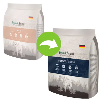 Verpakking Venandi Animal Premium Kattenfutter Lamm, oude en nieuwe variant. Tekst: 80% dierlijke proteïne, 20% plantaardige proteïne, vrij van granen. Made in Germany. Verpakking Venandi Animal Premium Kattenfutter Lamm, oude en nieuwe variant. Tekst: 80% dierlijke proteïne, 20% plantaardige proteïne, vrij van granen. Made in Germany.