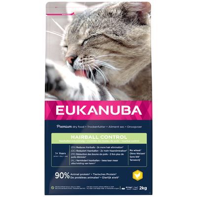 EUKANUBA Hairball Control kattenvoer, 2 kg. Vermindert haarballen: twee keer meer uitscheiding van haar. 90% dierlijk eiwit. Zonder tarwe. Voor katten vanaf 1 jaar.
