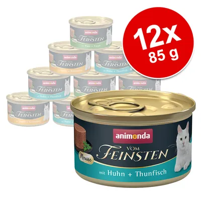 Lot de 12 boîtes Animonda Vom Feinsten mousse pour chat, 85 g chacune, saveur Huhn + Thunfisch (poulet et thon), texte en allemand visible sur l’emballage.