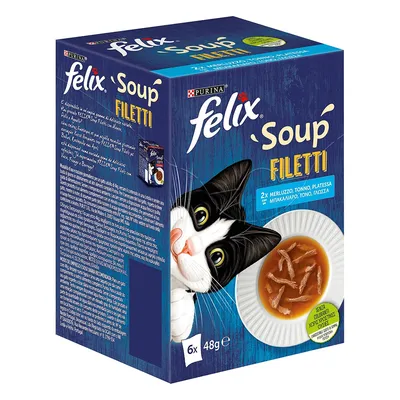 Purina felix Soup Filetti, 6×48g. Ilustrace kočky a talíře s filety v polévce. Text: 2x merluzzo, tonno, platessa. Žlutý štítek: senza coloranti, conservanti, aromi artificiali.