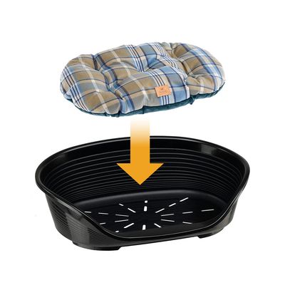 Cuscino imbottito per pet con motivo a quadri blu e beige, etichetta 'Topflor' visibile sul davanti.