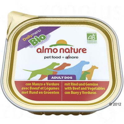 Almo Nature Daily Menu Bio, ADULT DOG, pet food + amore, mit Rind und Gemüse, certifikát AB Agriculture Biologique na obale. Viacjazyčný popis hovädzie a zelenina.