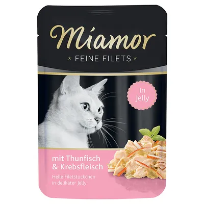 Pouch labelled 'Miamor Feine Filets', showing tuna and crab meat fillet pieces in jelly. Text states: mit Thunfisch & Krebsfleisch, helle Filetstückchen in delikater Jelly.