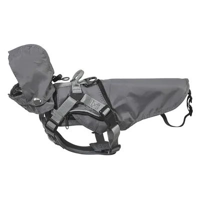 Grey dog harness with integrated rain cover and adjustable straps. Visible buckles and attachment points.