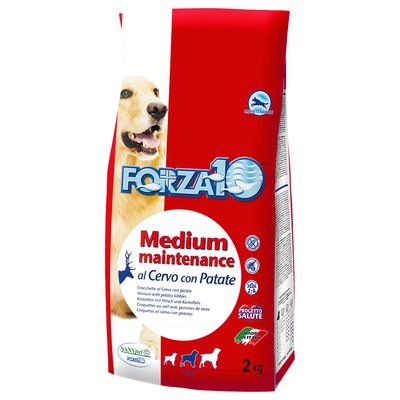 Корм Forza10 Medium maintenance al Cervo con Patate для собак, 2 кг. Видна надпись: Made in Italy, изображение собаки и значки сертификации.