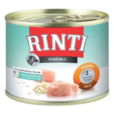 Scatoletta Rinti Sensible, visibili scritte: Huhn, Reis, nur 1 tierisches Protein, Für empfindliche Hunde, Neue Rezeptur noch bekömmlicher. Immagine di carne e riso.