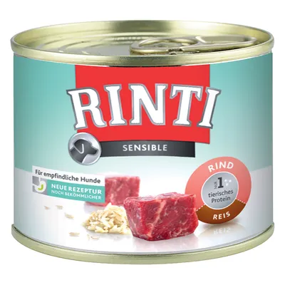 Scatoletta Rinti Sensible, visibili scritte: Rind, Reis, nur 1 tierisches Protein, Für empfindliche Hunde, Neue Rezeptur noch bekömmlicher. Immagine di carne e riso sul fronte.