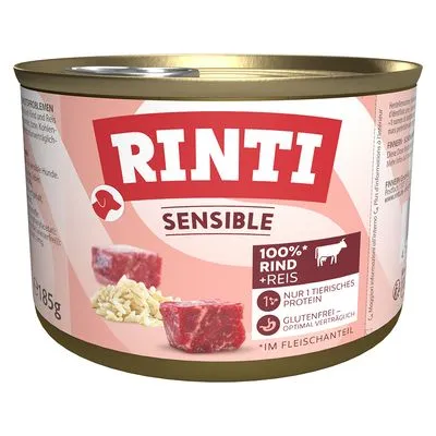 RINTI Sensible 100% rund + rijst, 185g. Tekst op blik: alleen 1 dierlijk eiwit, glutenvrij – optimaal verteerbaar, in vleesaandeel. RINTI Sensible 100% rund + rijst, 185g. Tekst op blik: alleen 1 dierlijk eiwit, glutenvrij – optimaal verteerbaar, in vleesaandeel.