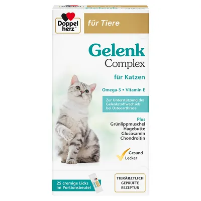 Doppelherz Gelenk Complex für Katzen mit Omega-3, Vitamin E, Grünlippmuschel, Hagebutte, Glucosamin, Chondroitin. 25 Portionen. Tierärztlich geprüfte Rezeptur.