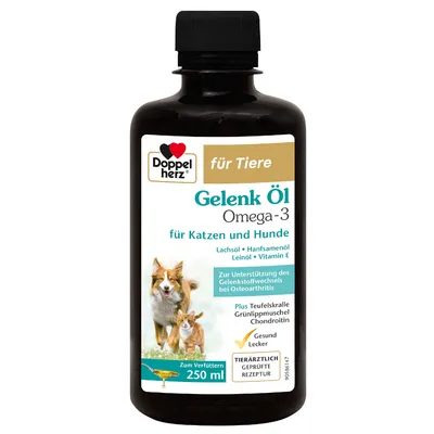 Flacon Doppelherz für Tiere Gelenk Öl Omega-3 pour chats et chiens, 250 ml. Texte en allemand sur l’étiquette, ingrédients visibles : huile de saumon, chanvre, lin, vitamine E.