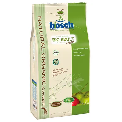 bosch BIO ADULT + Apples hondenvoer, 11,5 kg. Bio-certificaat zichtbaar. Tekst: 'Mit regionalen Produkten aus 100% biologischem Anbau'. Voedingsadvies en analyse tabel op de zijkant.