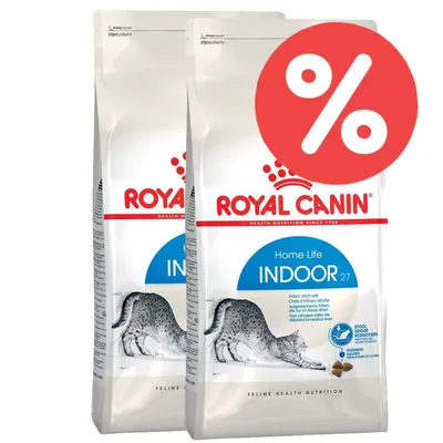 Royal Canin Home Life Indoor 27 Katzenfutter, zwei Packungen mit Rabatt-Symbol. Für ausgewachsene Wohnungskatzen, unterstützt Verdauung und reduziert Stuhlgeruch.