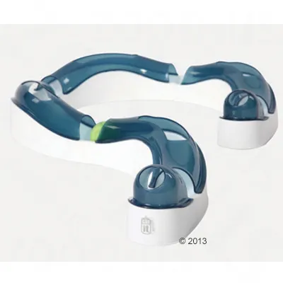 Toy track with transparent blue tubes and white base, includes a green ball for interactive play.