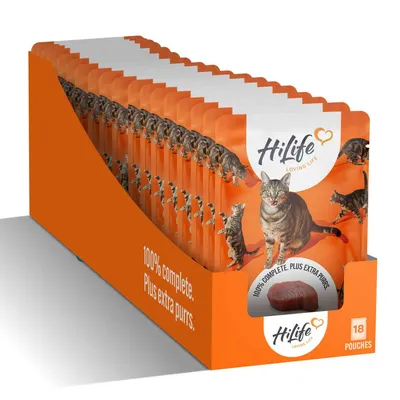 Multipack of 18 pouches with text stating '100% complete. Plus extra purrs.' and 'HiLife Loving Life' branding visible on packaging.