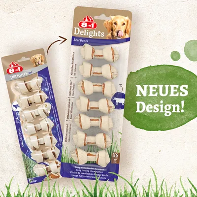 Deux emballages de friandises pour chien 8in1 Delights Beef Bones XS, ancien et nouveau design, texte visible : 'NEUES Design!'. Friandises en forme d’os, marque 8in1.