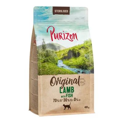 Purizon Sterilised Original Lamb with Fish, 70% ягненка и рыбы, 30% фруктов и овощей, 0% зерна, 400 г. Упаковка с пейзажным дизайном.