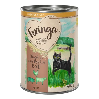 Feringa Country Style, pollo con cerdo y ternera, adulto, 400g. Ilustración de un gato negro y paisaje rural.