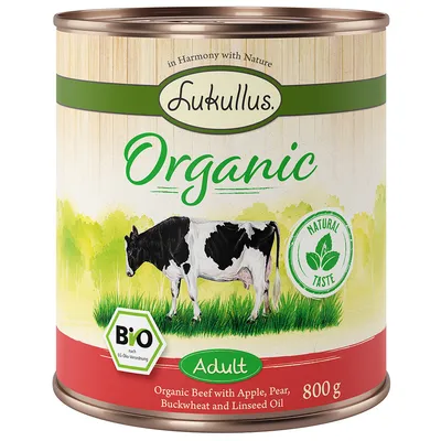 Boîte Lukullus Organic Adult 800 g, texte visible : Natural Taste, Bio nach EG-Öko-Verordnung, Organic Beef with Apple, Pear, Buckwheat and Linseed Oil, illustration de vache. Boîte Lukullus Organic Adult 800 g, texte visible : Natural Taste, Bio nach EG-Öko-Verordnung, Organic Beef with Apple, Pear, Buckwheat and Linseed Oil, illustration de vache.