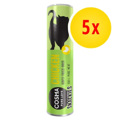 COSMA PURE LOVE SNACKIES CHICKEN, gently freeze-dried, 100% pure meat. Keltainen ympyrä, jossa punainen teksti: 5x. COSMA PURE LOVE SNACKIES CHICKEN, gently freeze-dried, 100% pure meat. Keltainen ympyrä, jossa punainen teksti: 5x.