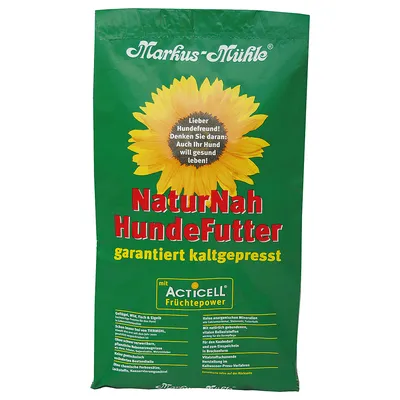 Markus-Mühle NaturNah hondenvoer, gegarandeerd koudgeperst met Acticell vruchtenkracht. Zonder dierproeven, zonder suiker, geen kunstmatige toevoegingen.