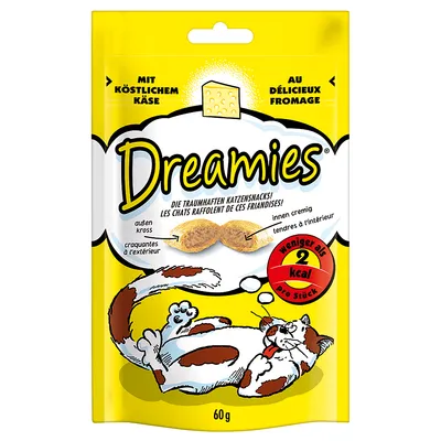 Dreamies Katzensnacks mit köstlichem Käse, aussen kross und innen cremig. Weniger als 2 kcal pro Stück. Packungsgrösse: 60g.