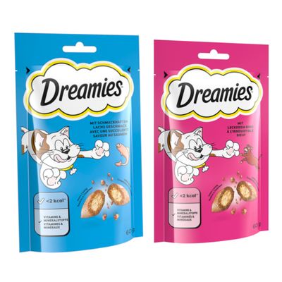 Dreamies mit köstlichem Käse, 24x60g. Mit Vitaminen und Mineralstoffen, nur 2 kcal pro Stück, außen knusprig, innen cremig.