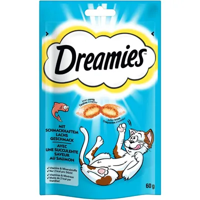 Dreamies, 60 g, s lososovou příchutí. Text: Mit schmackhaftem Lachs Geschmack, Vitamine & Mineralstoffe, Nur 2 kcal pro Stück. Ilustrace kočky a pamlsků.