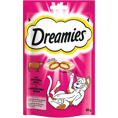 Dreamies mit leckerem Rind, aussen kross und innen cremig. Nur 2 kcal pro Stück, mit Vitaminen und Mineralstoffen. Packungsgrösse: 60 g.