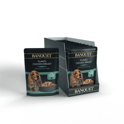 Banquet flaked chicken breast with rice and tuna, 100% natural topper shown in individual pouches and display box.