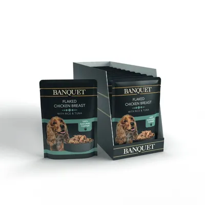 Banquet flaked chicken breast with rice and tuna, 100% natural topper shown in individual pouches and display box.
