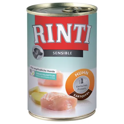 Rinti Sensible Huhn Kartoffel, puszka z widocznym kawałkiem kurczaka i ziemniakami, tekst: Für empfindliche Hunde, Neue Rezeptur, nur 1 tierisches Protein.