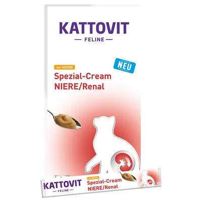 Kattovit Feline Spezial-Cream Niere/Renal s kuracím mäsom. Nové. Obrázok produktu s mačkou a lyžičkou krému.