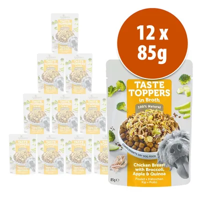 Pack de 12 sobres Applaws Taste Toppers in Broth, pechuga de pollo con brócoli, manzana y quinoa, 85 g cada uno. Texto visible: 100% natural, complements dry dog food. Pack de 12 sobres Applaws Taste Toppers in Broth, pechuga de pollo con brócoli, manzana y quinoa, 85 g cada uno. Texto visible: 100% natural, complements dry dog food.
