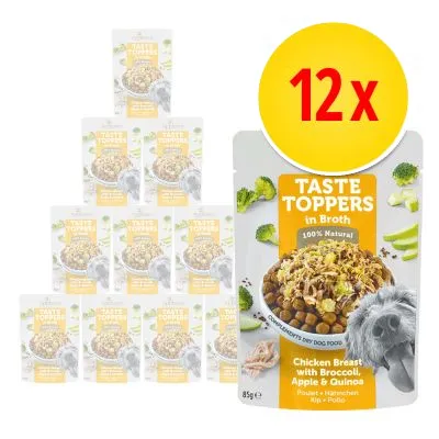 12-pack Taste Toppers in Broth, 85 g. Synlig text: Chicken Breast with Broccoli, Apple & Quinoa. Bild på förpackning med hund och skål med mat.