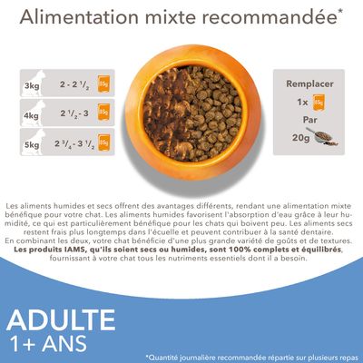 Tableau d’alimentation mixte recommandée pour chats adultes IAMS : 3 kg 2–2½ portions, 4 kg 2½–3, 5 kg 2¾–3½, chaque portion 85 g. Remplacer 1x 85 g par 20 g croquettes.